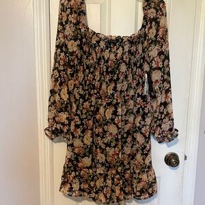 As U Wish Black Floral Smocked Mini Dress with Cream & Green Accents